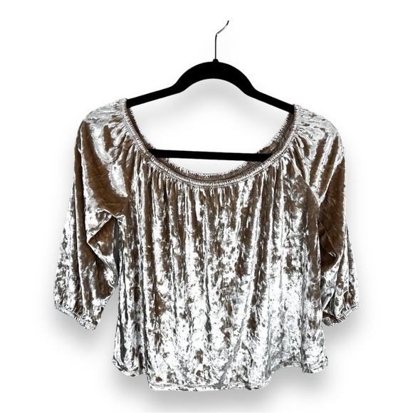 LARGE HOLLISTER BEIGE VELVET BLOUSE OFF SHOULDER PEASANT BOHO STRETCH NEUTRAL - Picture 1 of 10